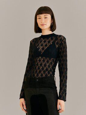 FARM Rio Black Lace Long Sleeve Blouse Women's Size XS Black NWT